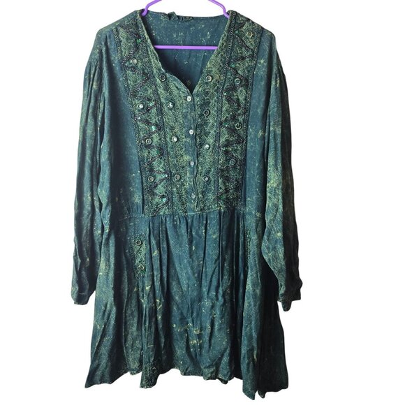 Rosey Tomato Dresses & Skirts - Vintage Boho Embroidered Tunic Dress Green Gold Long Sleeve Flowy Ethnic 2X